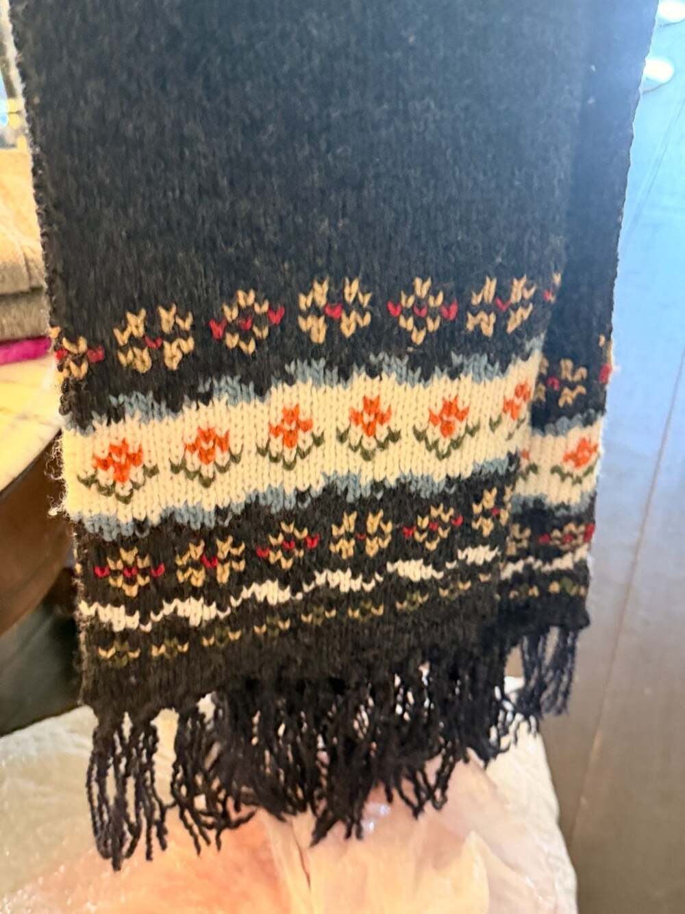 Weathervane Floral Fair Isle Knit Scarf with Fringe